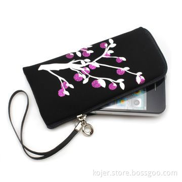 Black Velvet Zipper Pouch for Apple's iPhone 4, with Lanyard, Comes in Various Beautiful Patterns